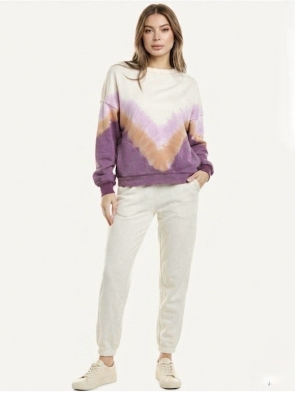 Free People Tie-Dye Chevron Pullover Sweatshirt in Cream, Purple & Tan